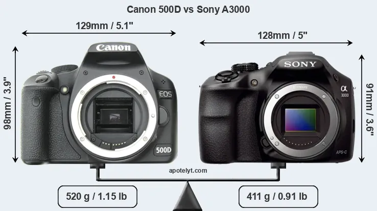 Size Canon 500D vs Sony A3000