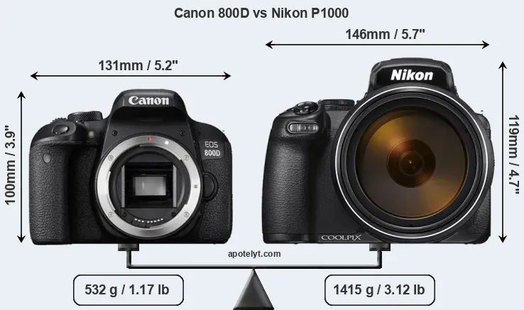 Size Canon 800D vs Nikon P1000