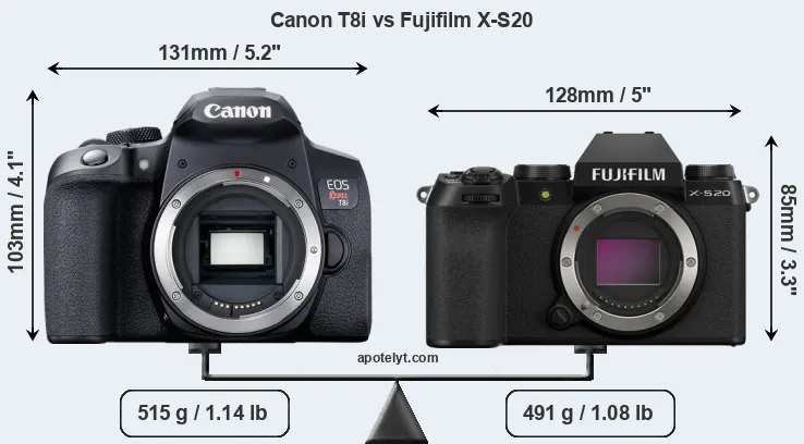 Size Canon T8i vs Fujifilm X-S20