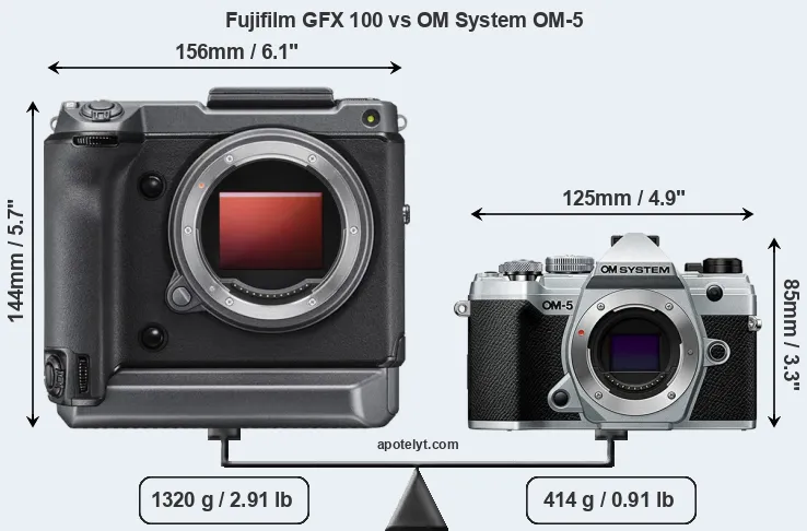 Size Fujifilm GFX 100 vs OM System OM-5