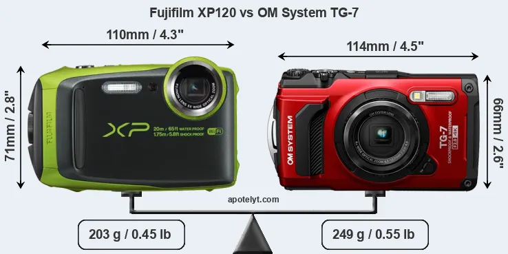 Size Fujifilm XP120 vs OM System TG-7