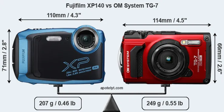 Size Fujifilm XP140 vs OM System TG-7