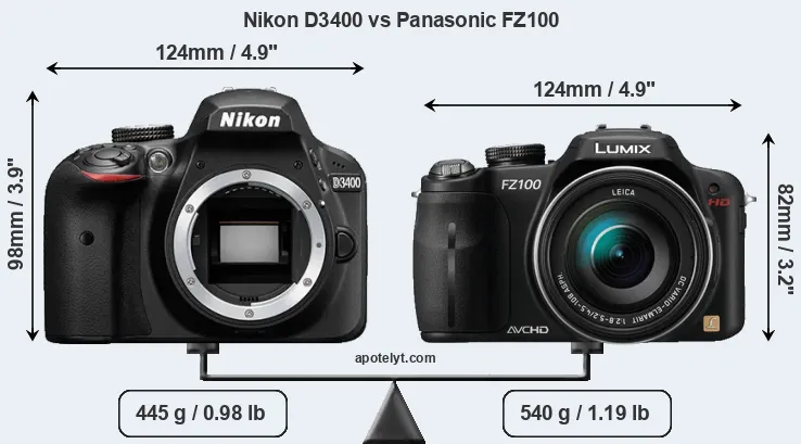 Size Nikon D3400 vs Panasonic FZ100