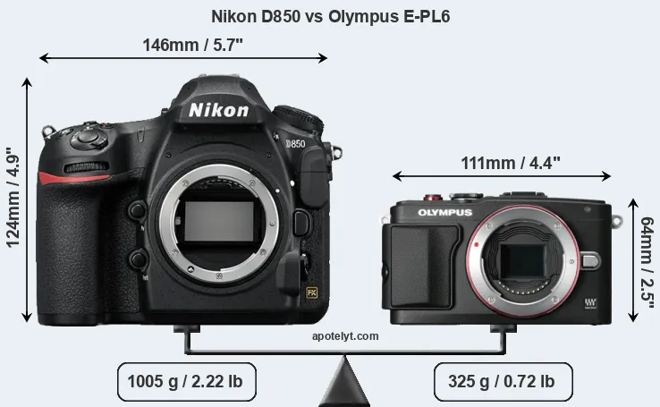 Size Nikon D850 vs Olympus E-PL6