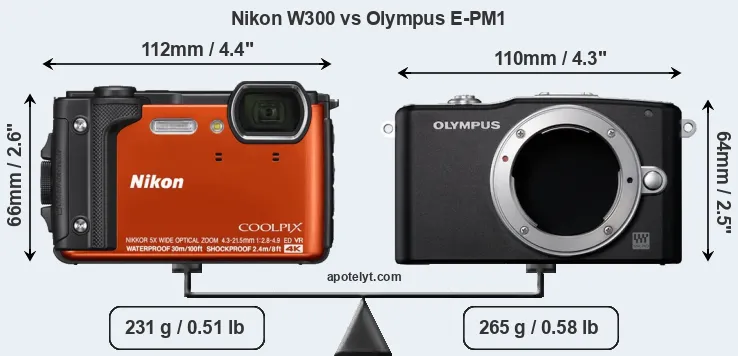 Size Nikon W300 vs Olympus E-PM1