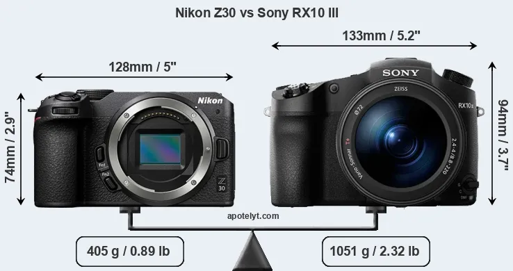 Size Nikon Z30 vs Sony RX10 III