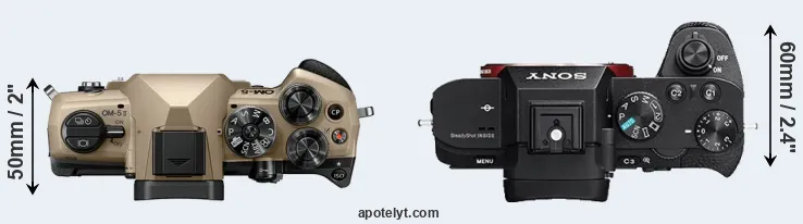 Compare OM-5 II versus A7R II top